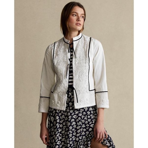 POLO RALPH LAUREN COTTON TWILL LACE JACKET WHITE BLACK WOMENS SIZE XS NEW - Picture 3 of 8